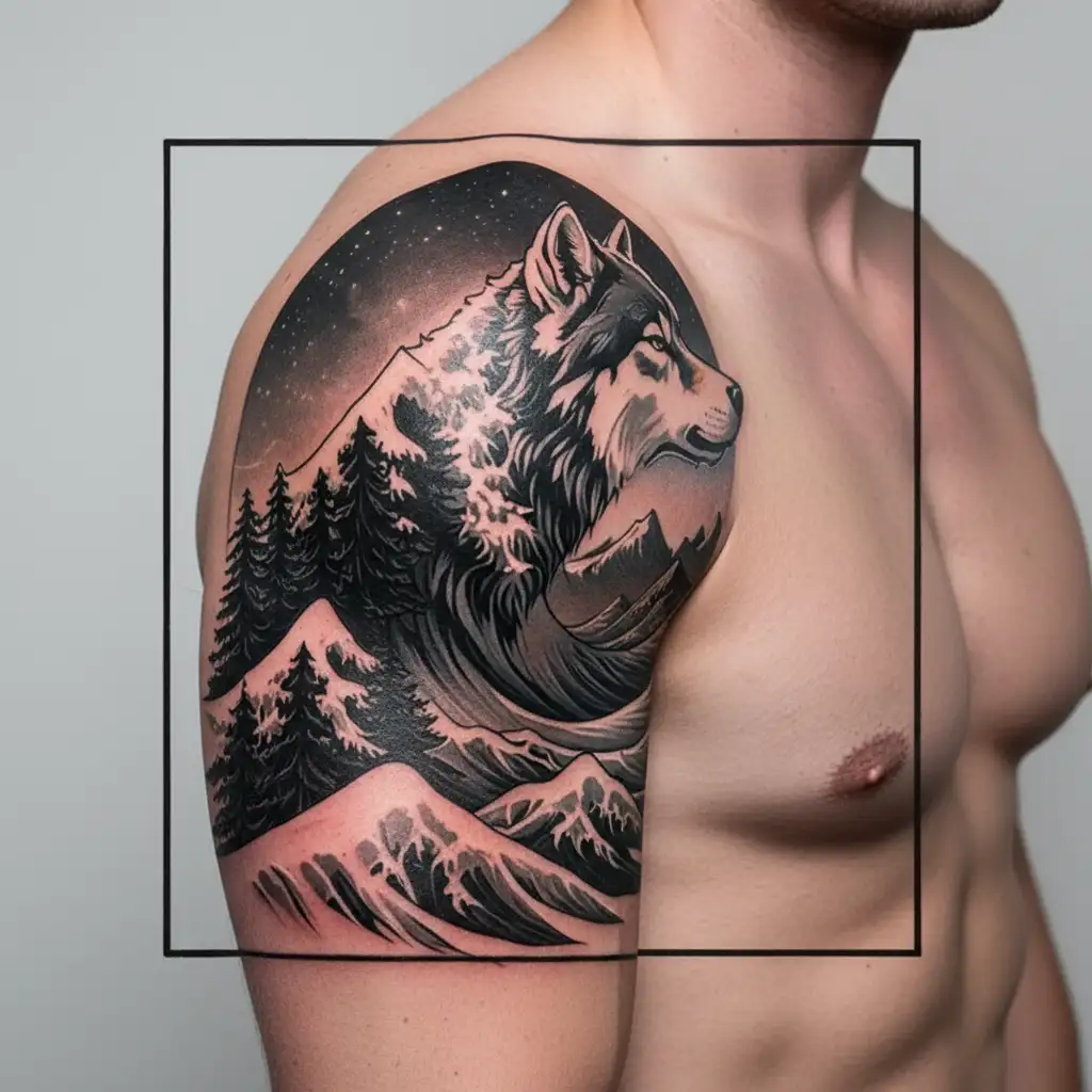 universe becomes a wave, wolf, Trees and a mount everest, lost souls, family tee, long route, stars and universe  tattoo design idea