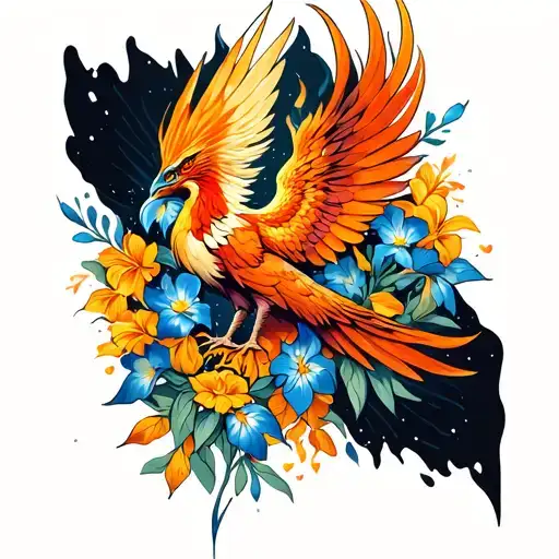 A phoenix rising from the ashes with iris flowers blooming around it, symbolizing feminine rebirth after divorce tattoo design idea