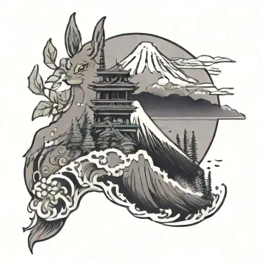 mount fuji, snowboarding and totoro dust bunny tattoo design idea