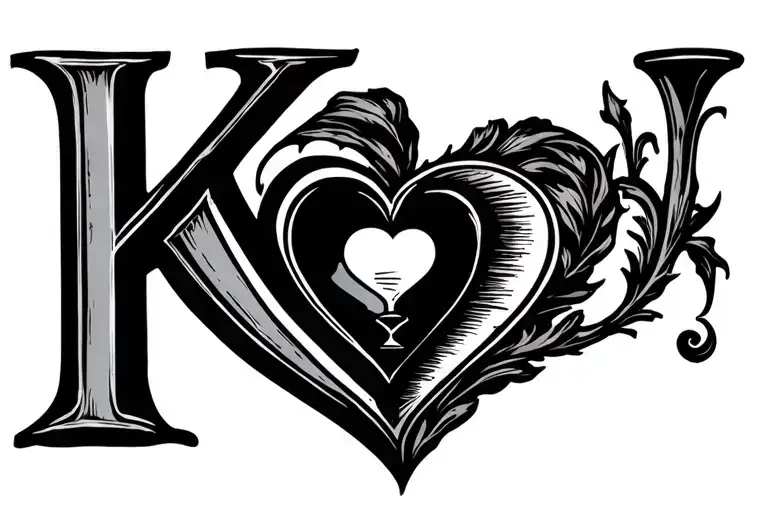 A feminine tattoo of the letter “K” stylized with a heart and an hourglass, in black color. tattoo design idea