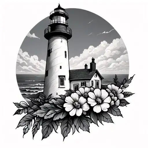 lighthouse tattoo with flowers tattoo design idea