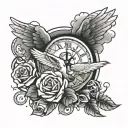 clouds surrounding and a rose and 1 big dove and 2 little doves and 3 ribbons and a clock tattoo design idea