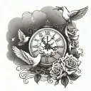 clouds surrounding and a rose and 1 big dove and 2 little doves and 3 ribbons and a clock tattoo design idea