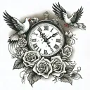 clouds surrounding and a rose and 1 big dove and 2 little doves and 3 ribbons and a clock tattoo design idea