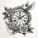 clouds surrounding and a rose and 1 big dove and 2 little doves and 3 ribbons and a clock tattoo design idea