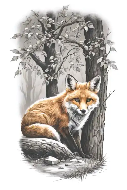 fox sitting under a tree tattoo design idea