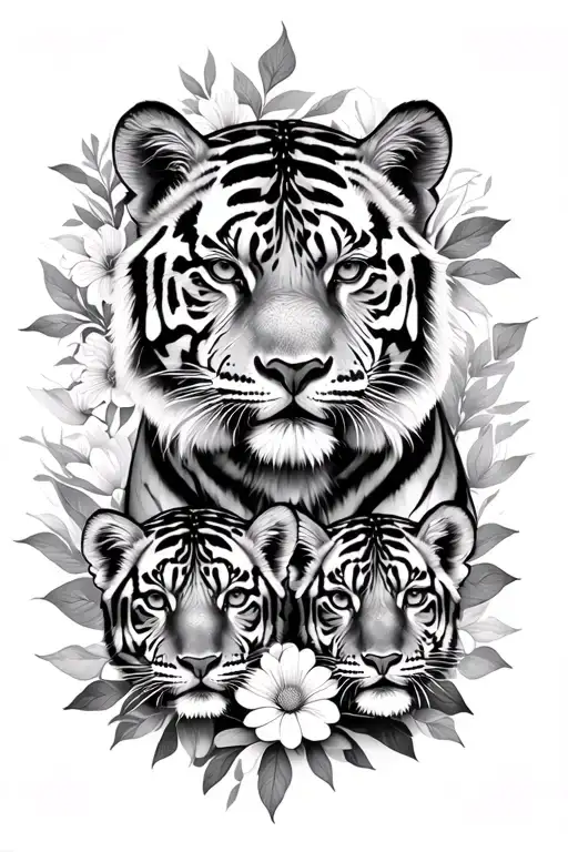 floral, Mandela and mother tiger and 2 cubs face only tattoo design idea