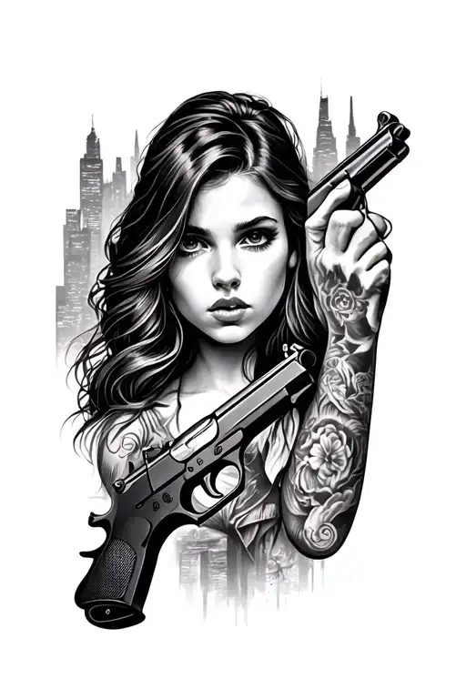 face of a girl with a pistol colt 1911, in the background a city sleeve filling the entire arm tattoo design idea