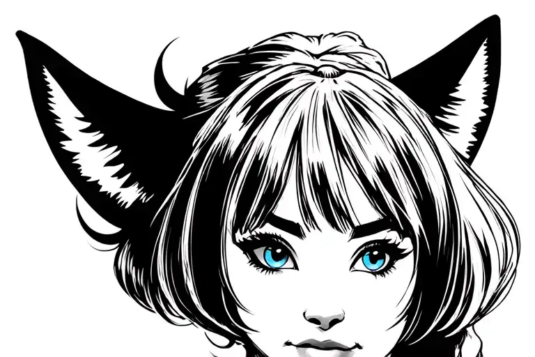 Disney girl with blonde bangs and black hair. blue/grey eyes. cat ears tattoo design idea