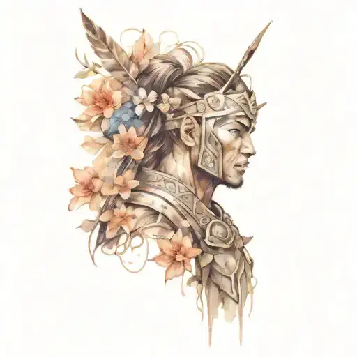 A sketch tattoo of a warrior for God surrounded by flowers and nature elements tattoo design idea