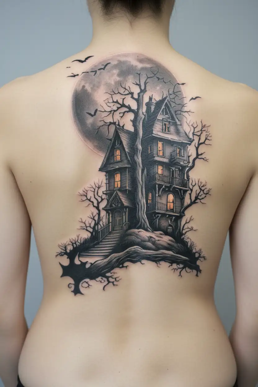 haunted house, graveyard, moon, tree, bats  tattoo design idea