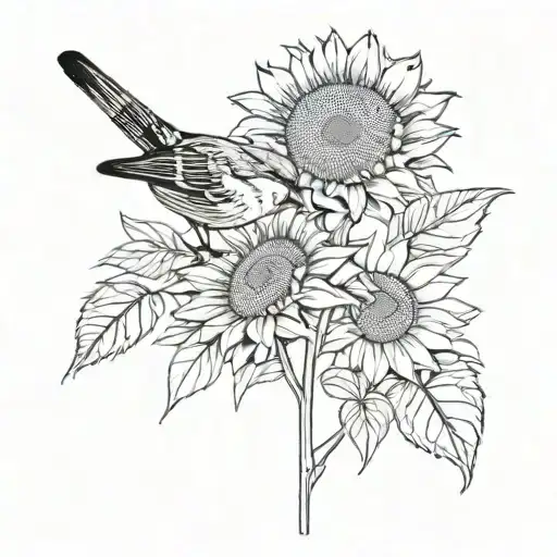 Fly Rod, Sunflower and Robin bird tattoo design idea