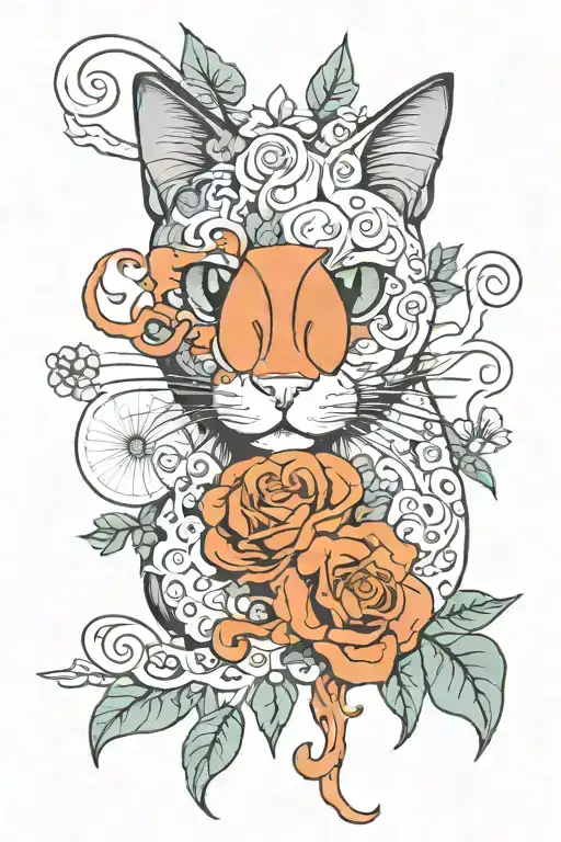 3 eyed cat curled. surrealist design. flowers and mushrooms. tattoo design idea