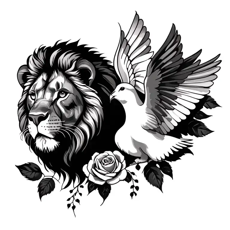 lion, rose,dove tattoo design idea