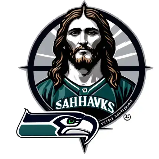 SEAHAWKS LOGO BELOW JESUS IN A SEATTLE MARINERS JERSEY tattoo design idea