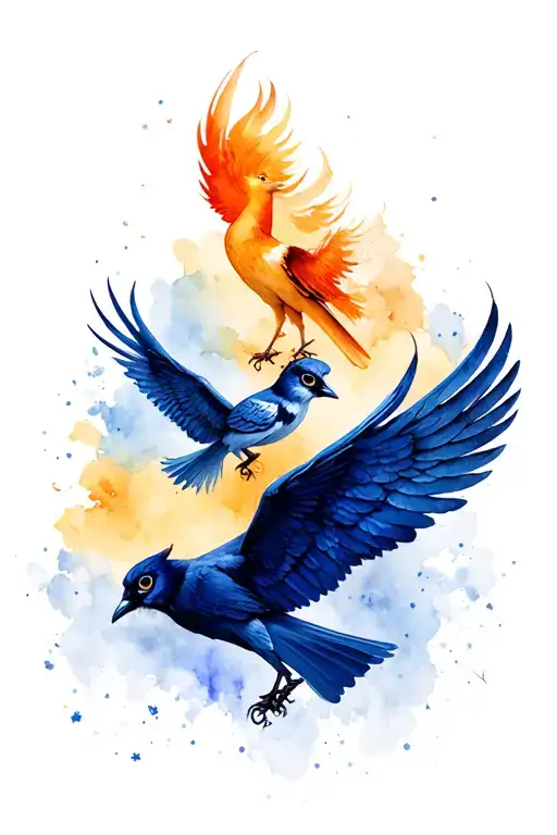 magpie wings spread, owl wings spread and phoenix rising wings spread tattoo design idea