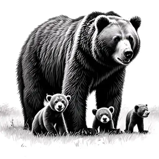 momma bear and 4 cubs playing in a field tattoo design idea
