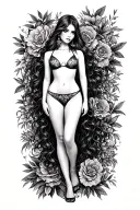 Sexy girl, petite, small boobs, wide hips, bikini . long hair,sexual. Seductive. Full Body, standing with legs and feet tattoo design idea
