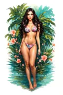 Sexy girl, petite, small boobs, wide hips, bikini . long hair,sexual. Seductive. Full Body, standing with legs and feet tattoo design idea