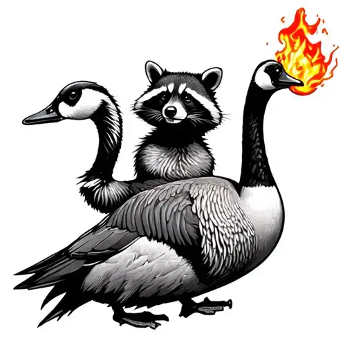 raccoon riding a Canadian goose, holding a flaming Molotov cocktail tattoo design idea