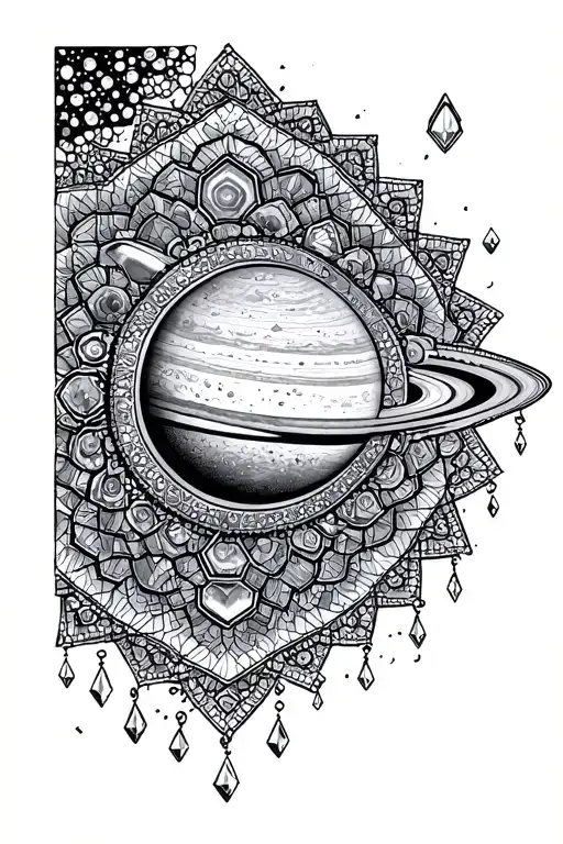 small introverte hexagons fading into a geometric mandala with dangling crystals and Saturn as the center piece  tattoo design idea