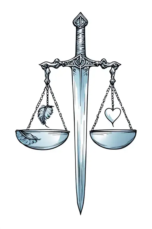 sword of Damocles with a scale on each cross guard weighing a feather on one scale and a heart on the other scale.  tattoo design idea