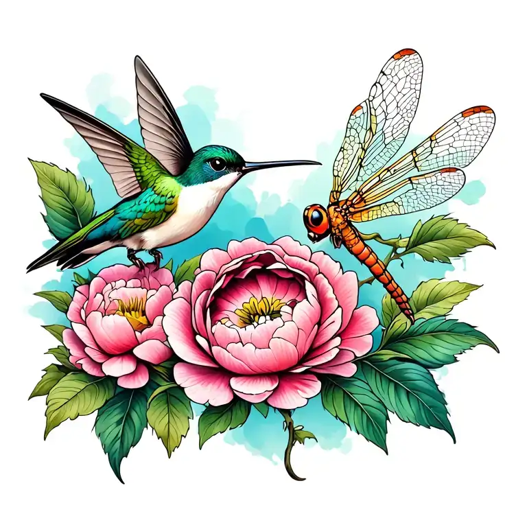 pink peony with hummingbird and dragonfly  tattoo design idea