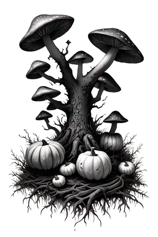 A grim realistic forest full of mushrooms and pumpkins tattoo design idea