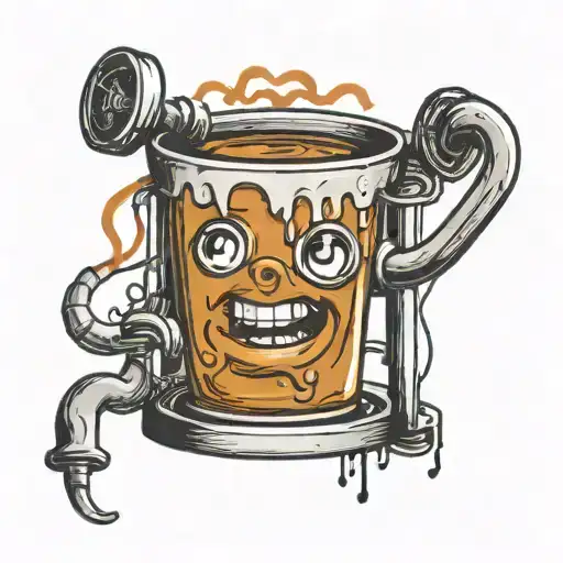 A coffee cup morphing into a chemistry beaker with a powerlifting barbell wrapped around it tattoo design idea