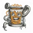 A coffee cup morphing into a chemistry beaker with a powerlifting barbell wrapped around it tattoo design idea