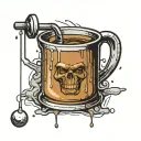 A coffee cup morphing into a chemistry beaker with a powerlifting barbell wrapped around it tattoo design idea