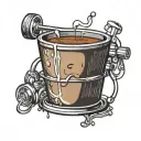 A coffee cup morphing into a chemistry beaker with a powerlifting barbell wrapped around it tattoo design idea