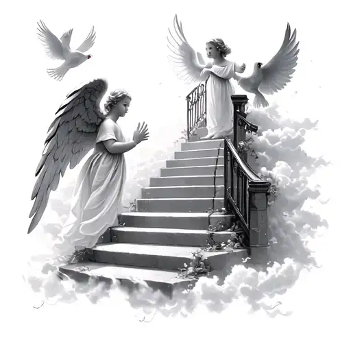 Baby angel staircase in the clouds gate to heaven and doves tattoo design idea