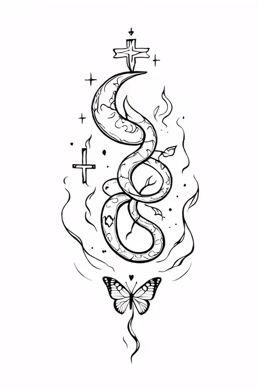 moon, snake, flame, heart, smoke, cross, butterfly, tattoo design idea