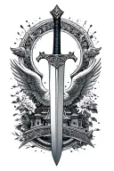 sword in graphics, around patterns like in ancient architecture, angels, temple tattoo design idea