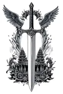 sword in graphics, around patterns like in ancient architecture, angels, temple tattoo design idea