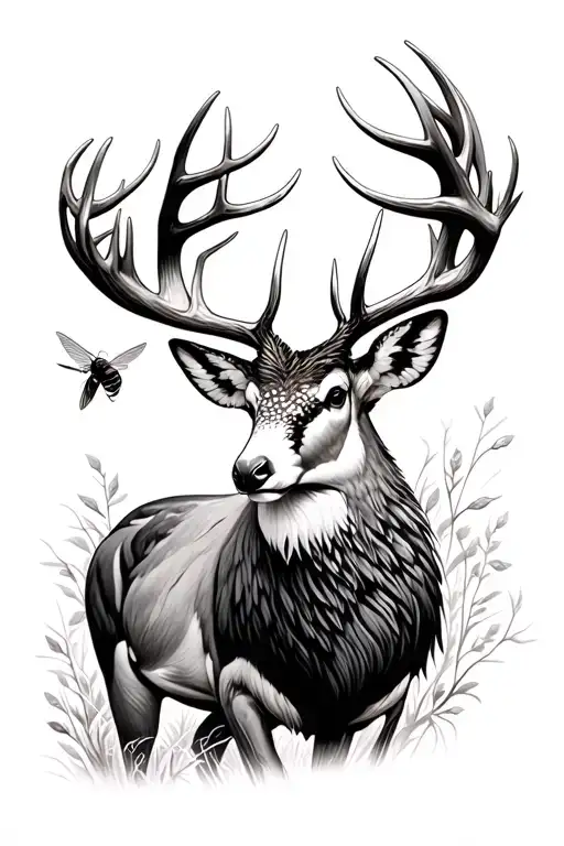 Stag with a kingfisher resting on the antlers with a honeybee flying around tattoo design idea