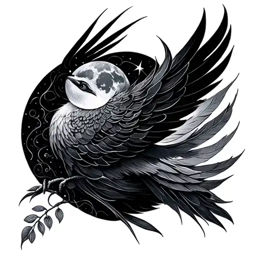 Halcon, Quetzal, wind leaves, whirlwind in lines and intertwined points, geminis constellation, lunar cycles tattoo design idea