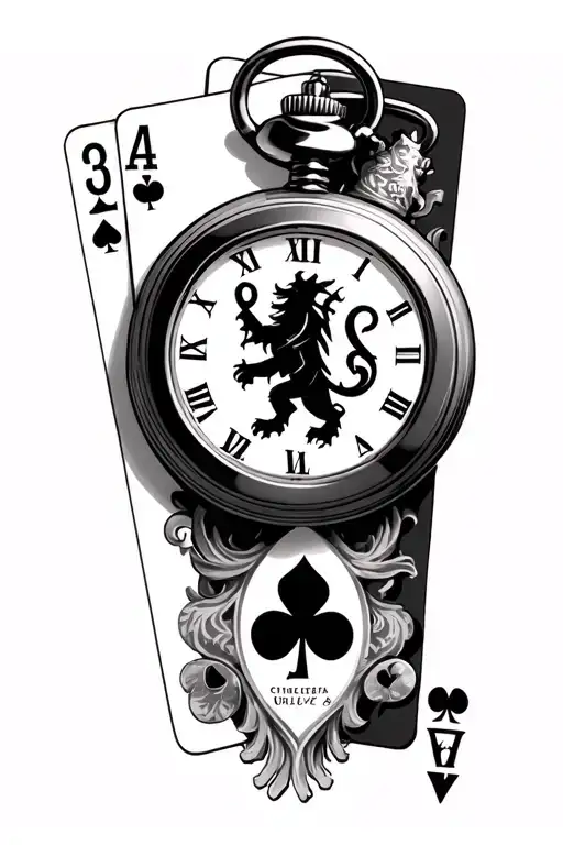 a pocket watch, with the Chelsea fc lion logo, an black ace playing card and 4 dates in a sleeve  tattoo design idea