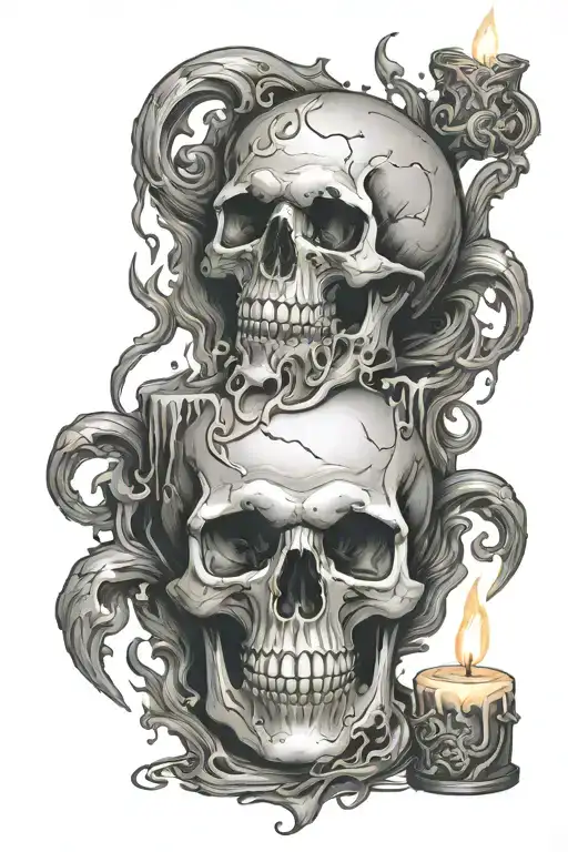 Skull on an alchemy table and on the skull stands a burning candle that is melting down the sides of the skull tattoo design idea
