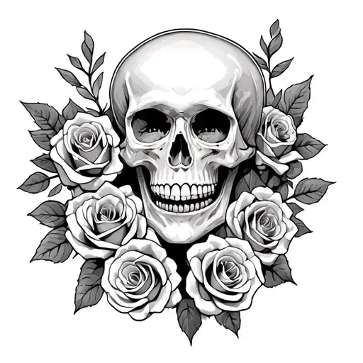 skull and roses intertwined wit a kid looking up in the sky tattoo design idea