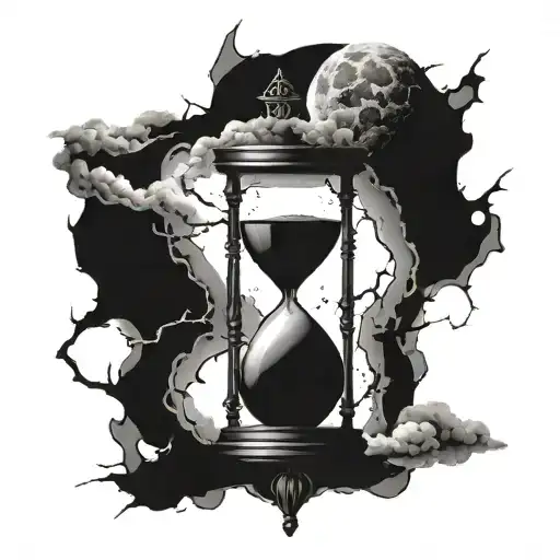 imagine a tattoo depicting a cracked hourglass with black smoke escaping from it surrounding the moon, tattoo design idea
