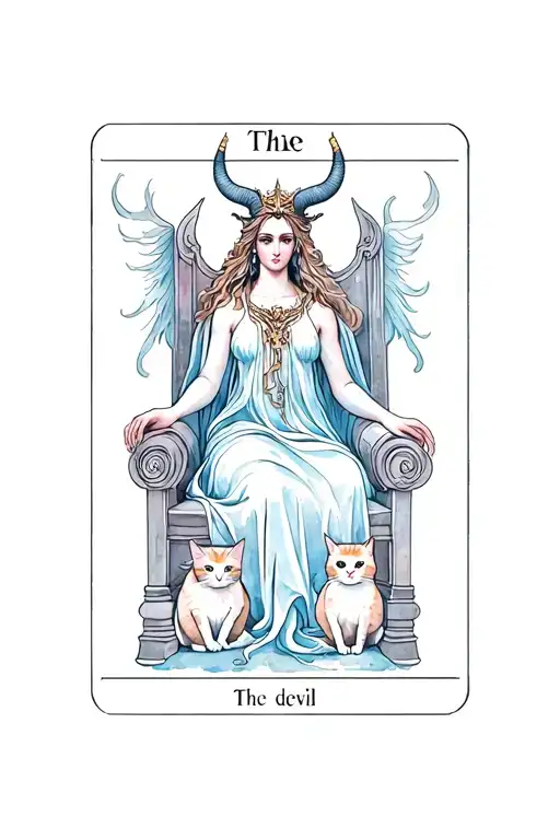 Create a Tarot Card for The devil Tarot card. Elegant and ethereal goddess on a throne with two cats at the bottom.  tattoo design idea
