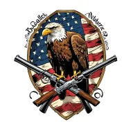 Bald Eagle perched on 2 old muskets crossed like an X with an American flag waving in the background. tattoo design idea