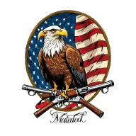 Bald Eagle perched on 2 old muskets crossed like an X with an American flag waving in the background. tattoo design idea
