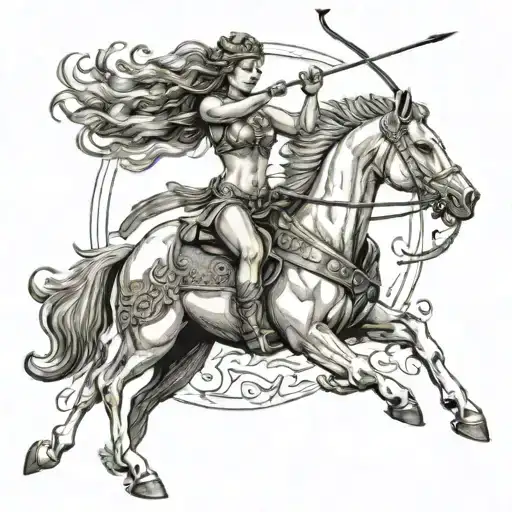Sagittarius centaur shooting arrow, upper body of woman, low body of horse tattoo design idea