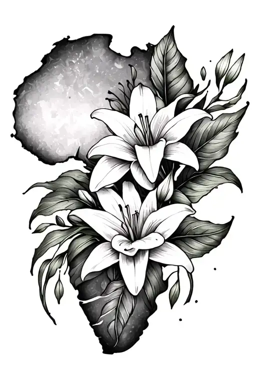 black tattoo with lily flowers, something relate to peace of mind and spiritual peace,river and Africa as a half sleave  tattoo design idea