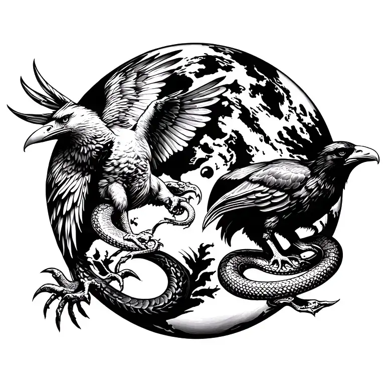 Planet earth, eagle at the left, raven at the right, snake at the middle of the earth tattoo design idea