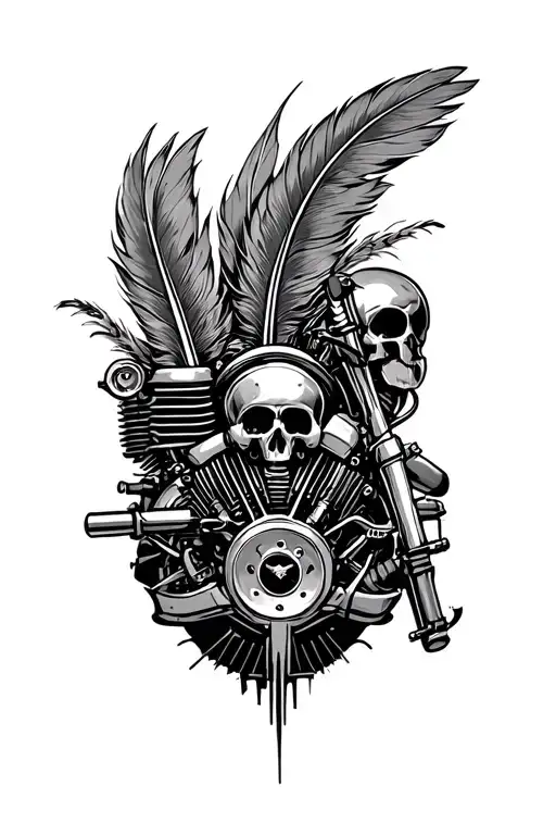 Vi arcane Back tattoo with motorbike engine and a few Feathers und something about blacksmithing tattoo design idea