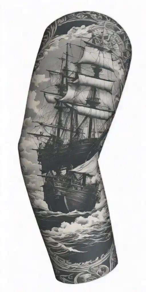 nautical arm sleeve with compass, anchor, ship, ship wheel  tattoo design idea